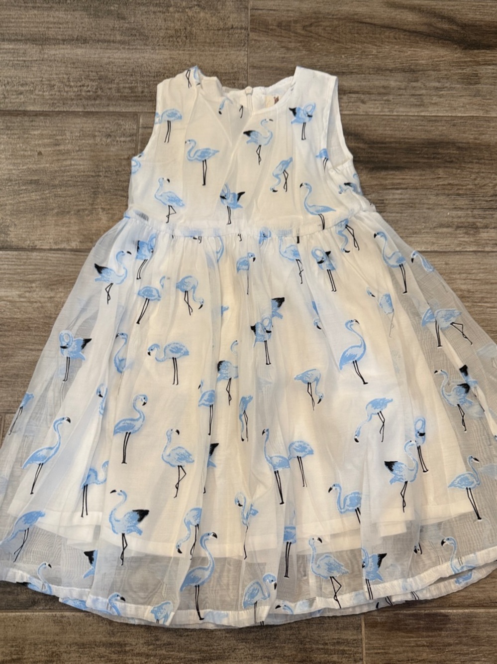 Girls White Tulle Dress with Blue Flamingo Print
